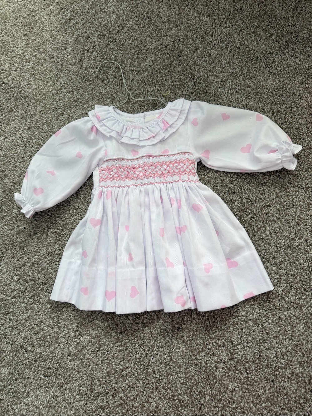 Cecil & Lou White Smocked Girls Dress with Pink Heart Print and Ruffle Collar 6M